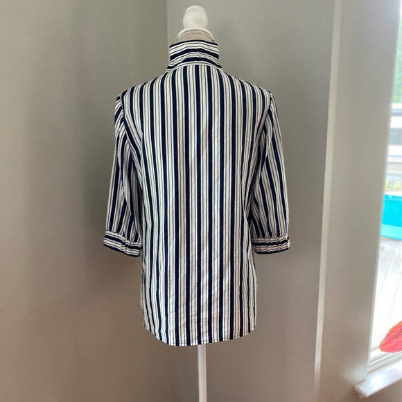 Beau Chemise Navy White Striped Ruffle Collar Button Front Tunic Blouse - Picture 5 of 6